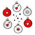 Set of Christmas tree decorative pendants, balls, toys. Doodle style design elements.